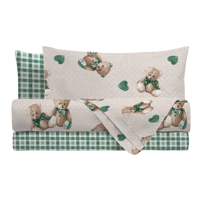 Completo Letto in Cotone Singolo Orsetti Verde