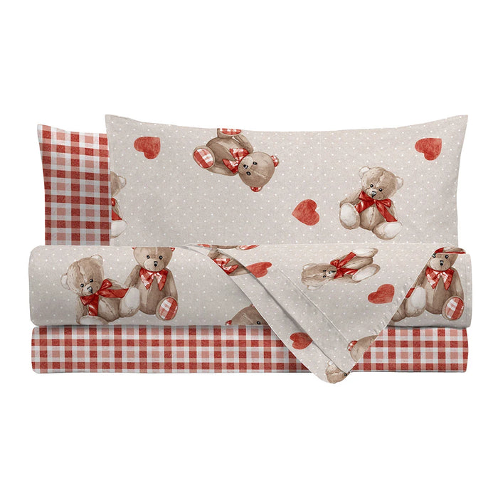 Completo Letto in Cotone Singolo Orsetti Rosso