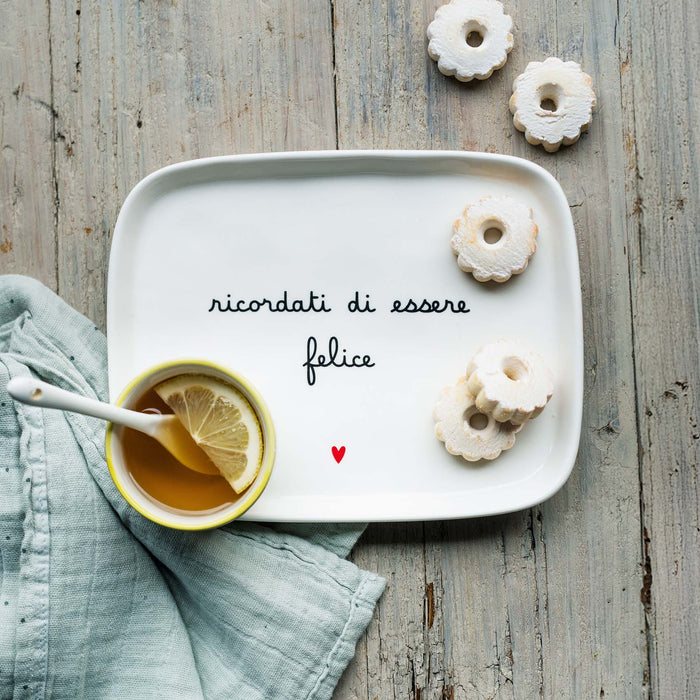 Piatto Rettangolare in Gres "Ricordati di Essere Felice" 20x15.5cm