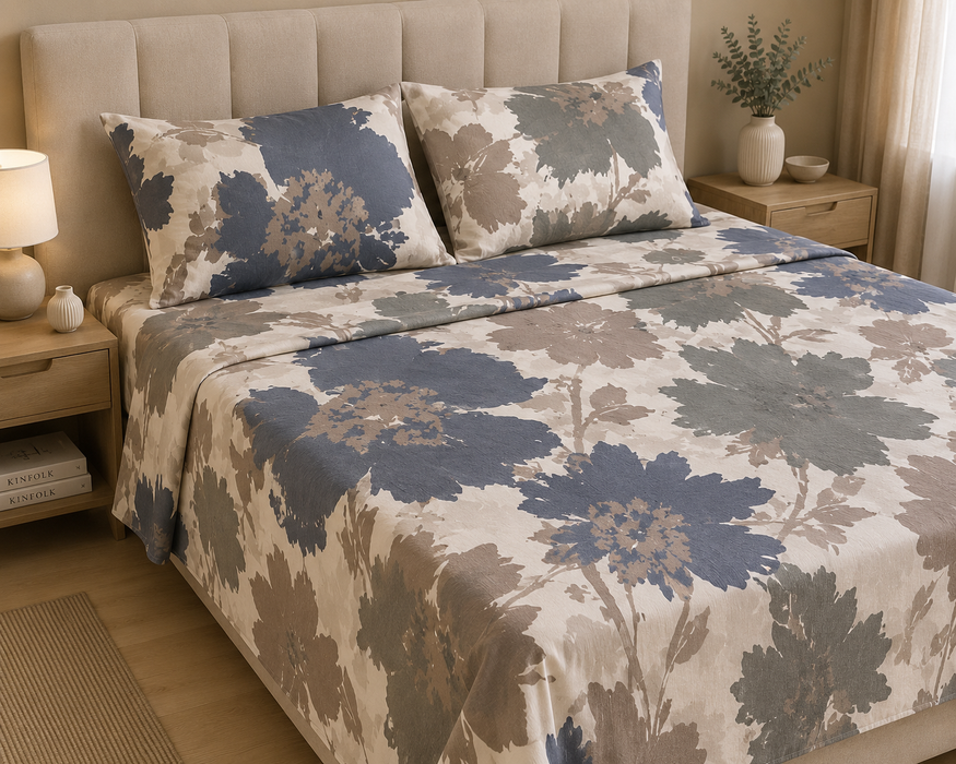 Completo Letto in Cotone Matrimoniale Flower Azzurro