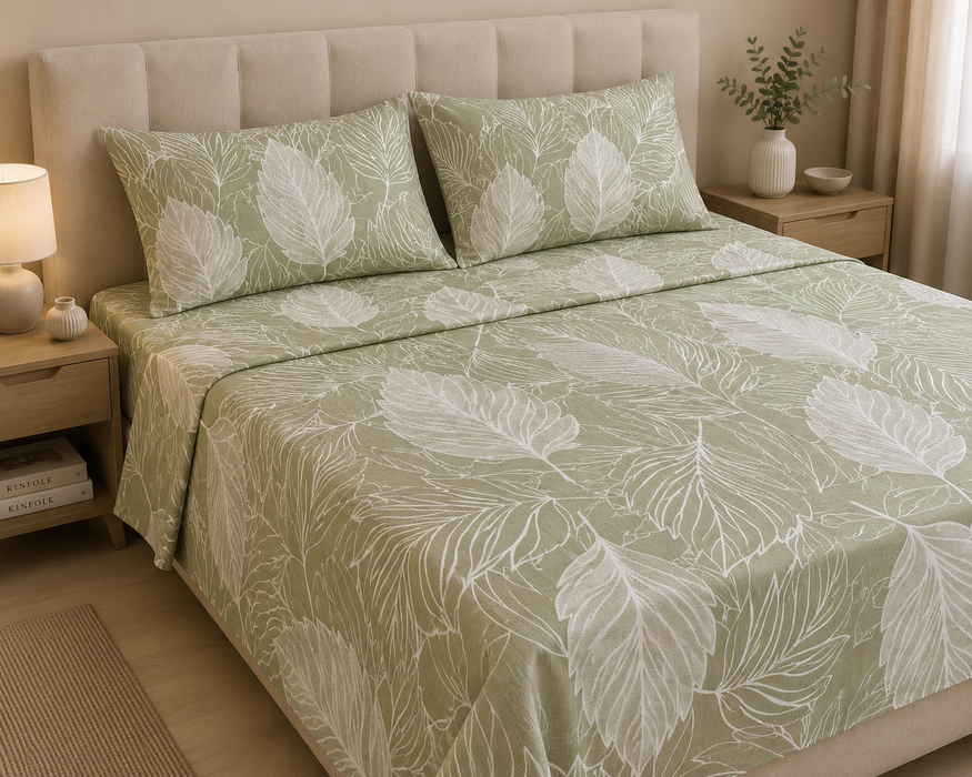 Completo Letto in Cotone Matrimoniale Foliage Verde