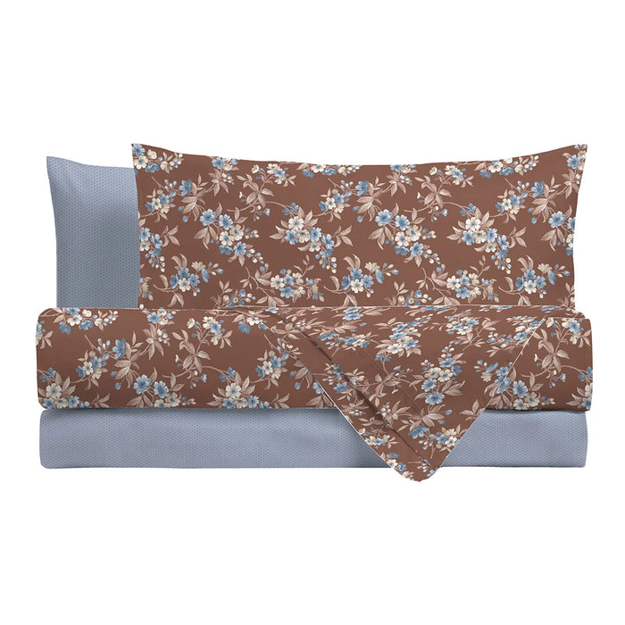 Completo Letto in Cotone Matrimoniale Amber Azzurro/Marrone