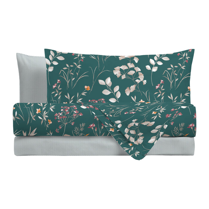 Completo Letto Bouquet Petrolio in Cotone Singolo
