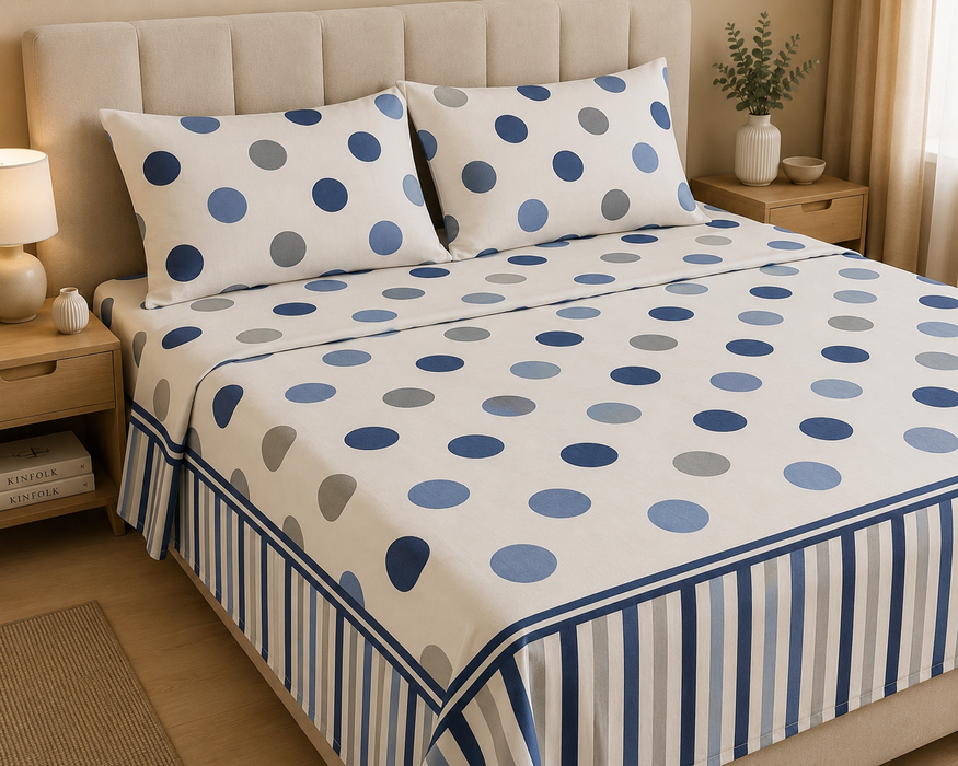 Completo Letto in Cotone Matrimoniale Pois/Righe Blu