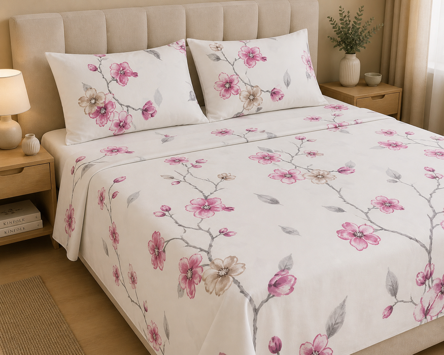 Completo Letto in Cotone Matrimoniale Cherry Blossom Rosa