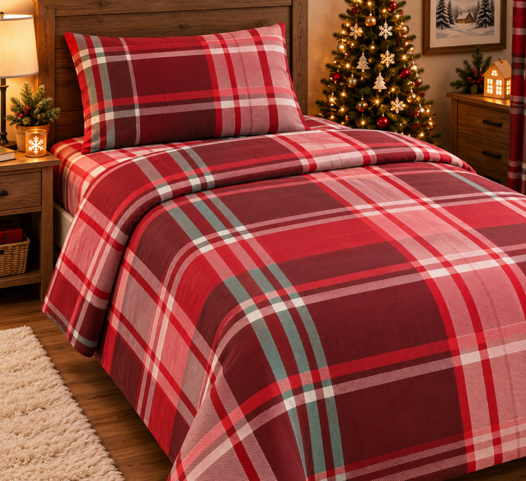 Completo Letto in Cotone Singolo Tartan Espen Rosso