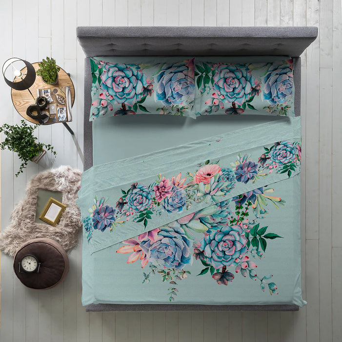 Completo Letto Copriletto Matrimoniale in Stampa Digitale Desert Bloom Acqua