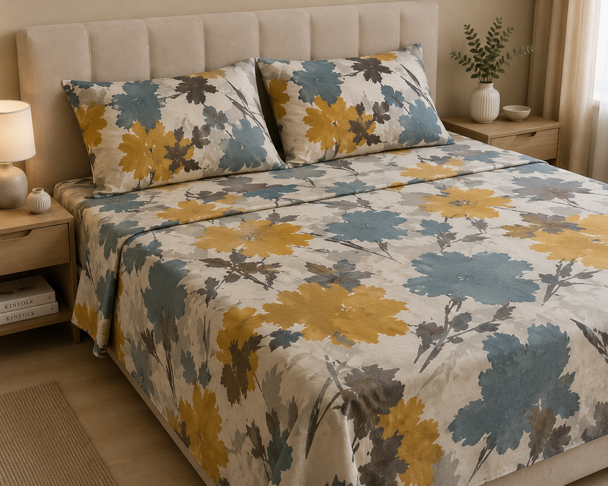 Completo Letto in Cotone Matrimoniale Flower Giallo