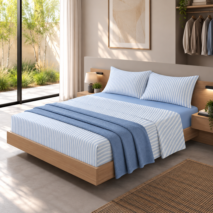 Completo Letto in Cotone Matrimoniale Tweed Azzurro