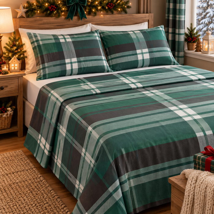 Completo Letto in Cotone Matrimoniale Tartan Espen Verde