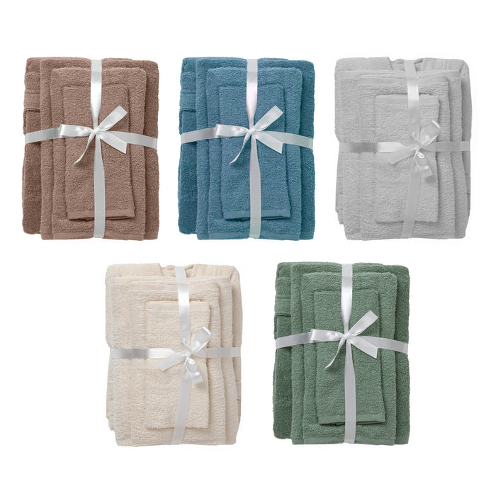 Set Bagno 4 Pezzi - Coppia Spugna, Telo Doccia, Accappatoio - 5 Colori, 2 Misure
