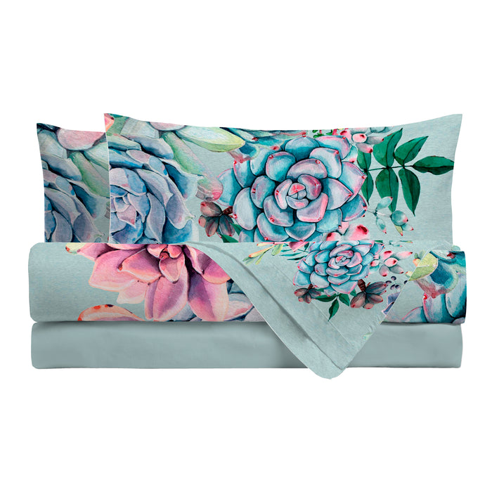 Completo Letto Copriletto Matrimoniale in Stampa Digitale Desert Bloom Acqua