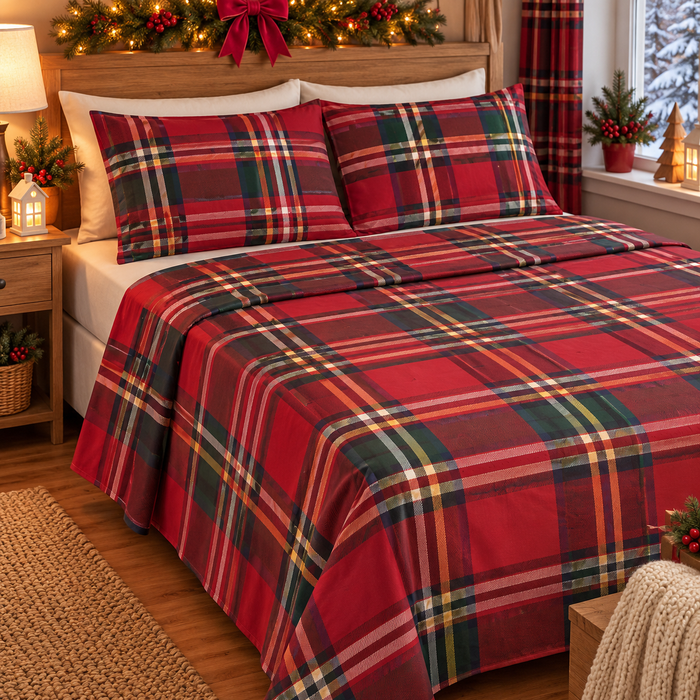 Completo Letto in Cotone Matrimoniale Tartan British Rosso