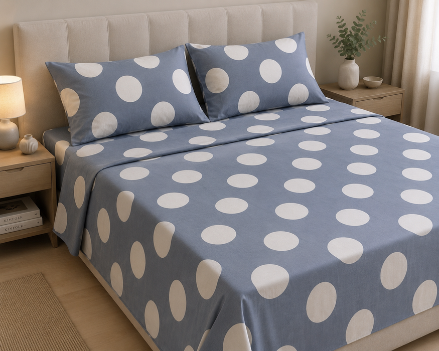 Completo Letto in Cotone Matrimoniale Pois Azzurro