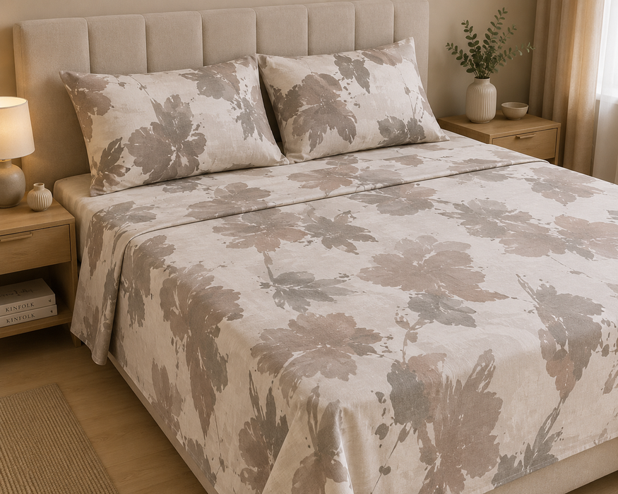 Completo Letto in Cotone Matrimoniale Flower Tortora