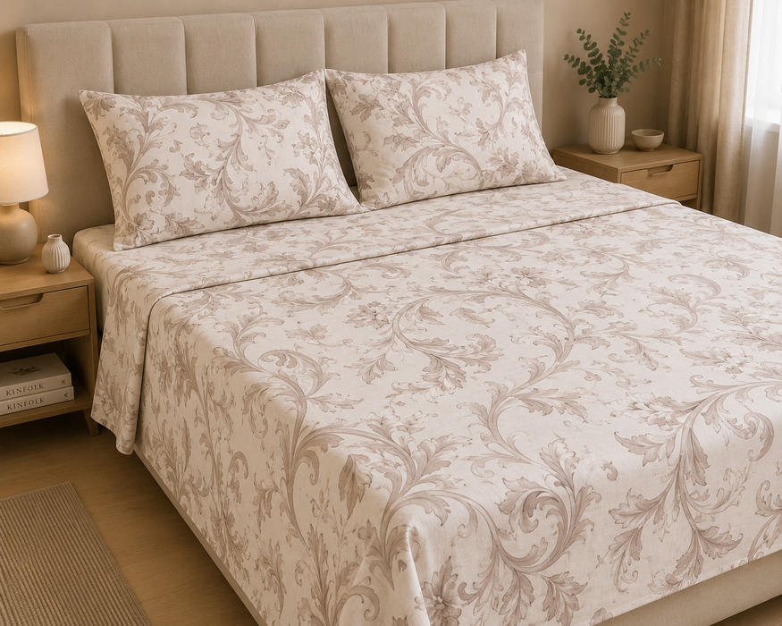 Completo Letto in Cotone Matrimoniale Damasco Beige