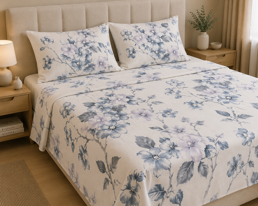 Completo Letto in Cotone Matrimoniale Cherry Blossom Blu