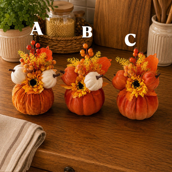 Decorazione con Zucche e Fiori H. 21cm - 3 Varianti