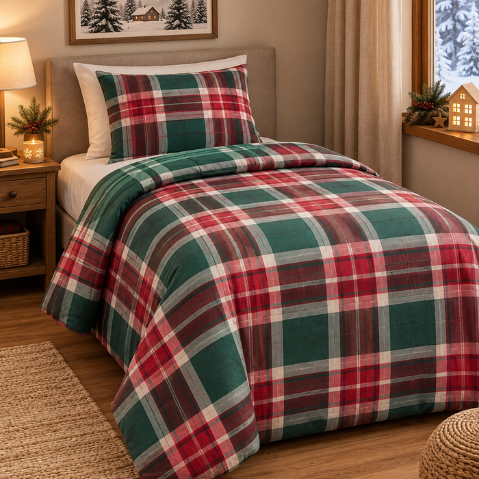 Copripiumino in Cotone Piazza e Mezza Tartan Espen Verde