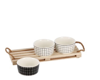 Set di 3 ciotole per aperitivo, originali, in ceramica, con vassoio in  legno, design esclusivo per la tua casa e la cucina (ciotole per aperitivo  con vassoio decorativo in legno) : 