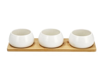 Set of 3 Ceramic Bowls with Bamboo Tray